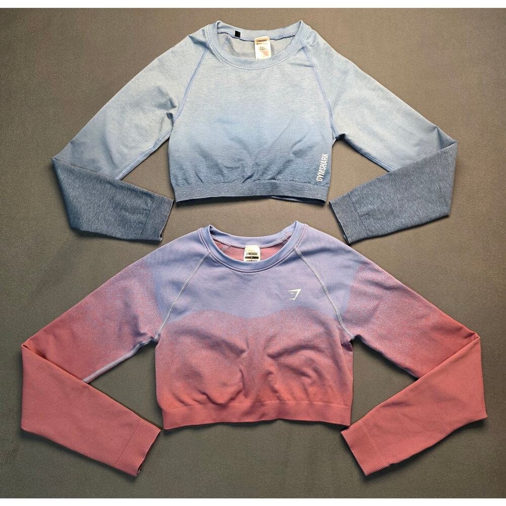 2 Gymshark Women M Vital Seamless 2.0 Long Sleeve Crop Top Black Marl Flex Sweat